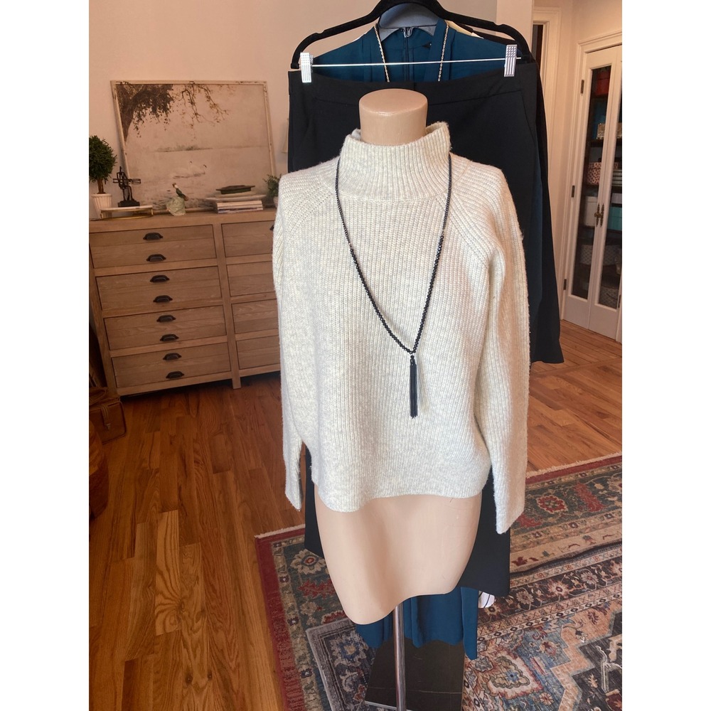 Calvin Klein Womens Cream Ribbed Mock Neck Wool Blend Raglan Sweater Size Medium